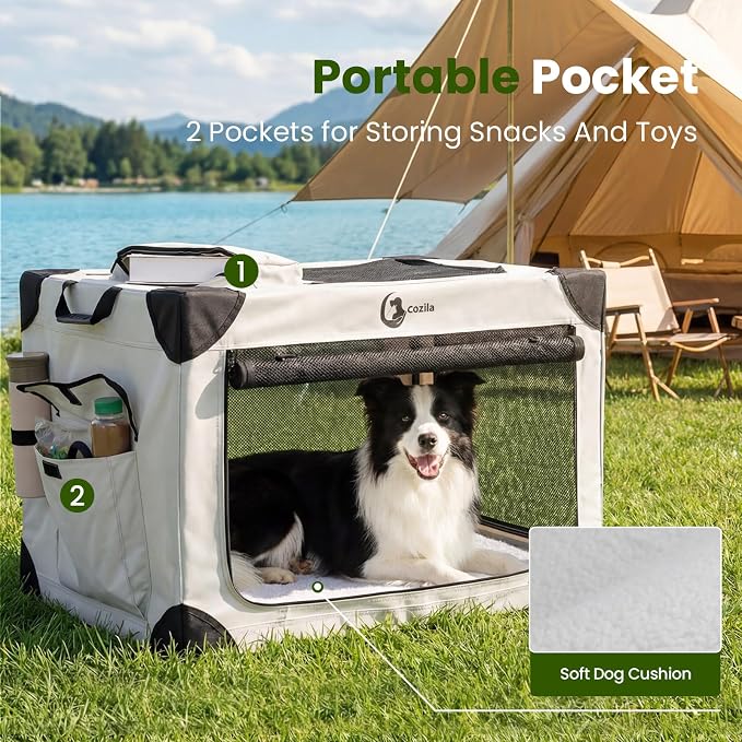 Portable Collapsible Soft Dog Crate for Small Dogs, 26in Grey | Oxford Cloth Travel Camping dog kennel with 4 Mesh Windows & 2 Storage Pockets,for Indoor & Outdoor Use