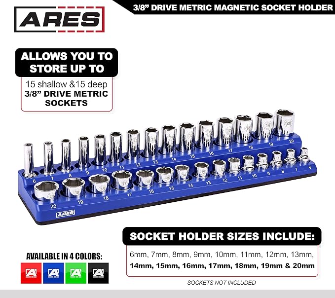 ARES 60008 30-Pc 3/8-In Blue/Black Metric Magnetic Socket Organizer | Part No. 60008; Inch drive Sizes: 6mm, 7mm, 8mm, 9mm, 10mm, 11mm, 12mm, 13mm, 14mm, 15mm, 16mm