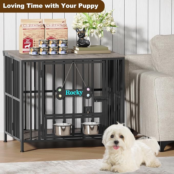 Easycom 27" Foldable Dog Crate Furniture, No Assembly, Oak Grey | Decorative Wooden Dog Kennel Indoor with Adjustable Bowls and Name Tag, Small Dogs (Under 20 lbs), End Table