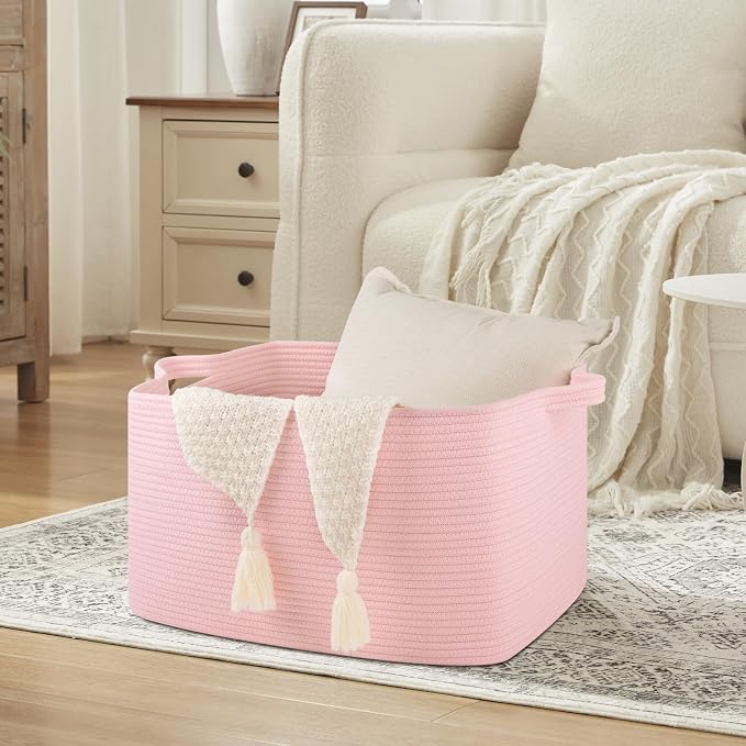 OIASKET 65L Extra Large Blanket Basket Living Room, 19.7"x15.8"x11.8" | Rectangle Woven Laundry Hamper, Nursery Blanket Storage Living Room, Toy Storage With Handle, Large Baskets for Organizing