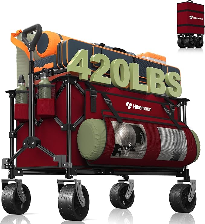 HIKEMOON 150L Collapsible Wagon Compact with Big Wheels, 420LBS Red | Wagons Carts Foldable, Heavy Duty, Portable, All-Terrain, Utility Folding Cart for Shopping/Beach/Garden/Camping/Sports