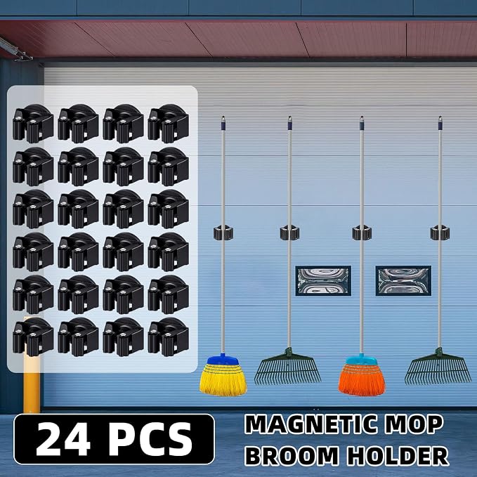 Vercraft 224 Pcs Magnetic Broom Holder Wall Mounted Anti Slip Rack,Black | Movable Magnetic Organizer for Mops Brooms, Dual Roller Grip, Wall Storage for Garage Kitchen Laundry Garden Tools