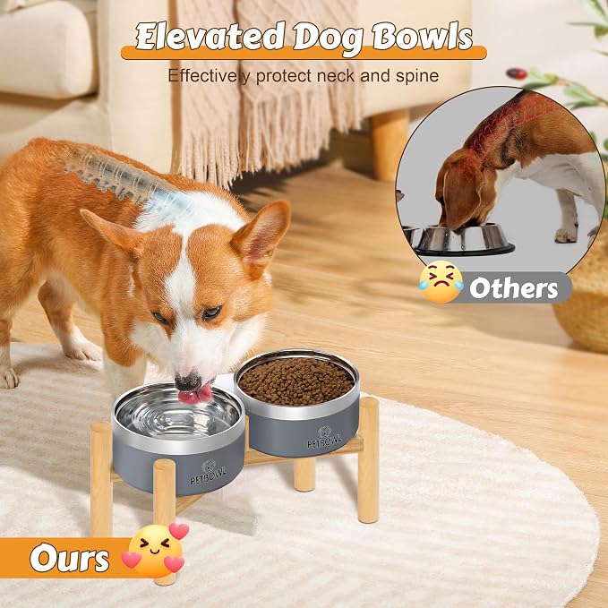 UPSKY 27oz Elevated Stainless Steel Dog Bowls Non-Slip Wooden Stand Grey | Double Bowls, Raised Feeding, Reduces Neck Strain, For Small & Medium Dogs, Food and Water Use Indoor & Outdoor