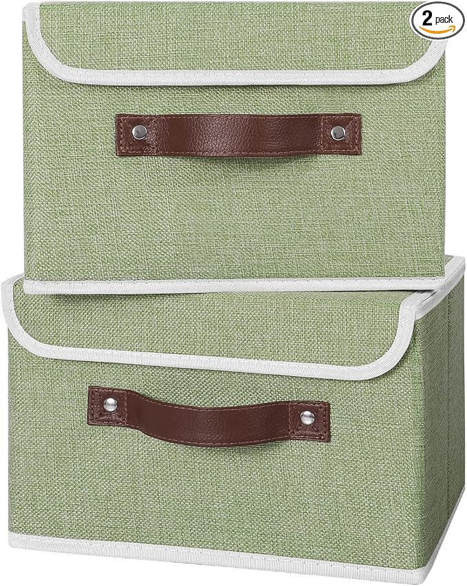 ANMINY Fabric Storage Box Bins with Lids, Green, 10"x8"x7", 2 Pack | Keepsake Memory Storage, Cotton Linen, PP Board Reinforced, Washable, PU Handles, Foldable & Stackable, Decorative, Small
