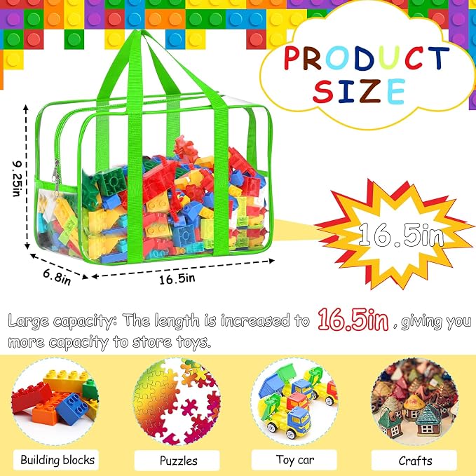6 Color XXL Toy Storage Bags 16.5×11.8×6.8In with Labels, Large Capacity Reusable Clear PVC Storage Bags, Travel Waterproof Organizer Bags with Double Zipper