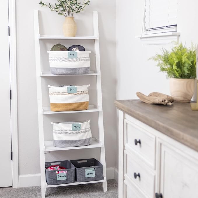 Hygge & Sage: Metal Bin Labels for Home Organization | Non-Slip Basket Clips for Storage Bins, Baskets, or Wire Racks | Includes 8 Labels, 8 Non-Slip Pads, and 2 Free Markers (Blue)