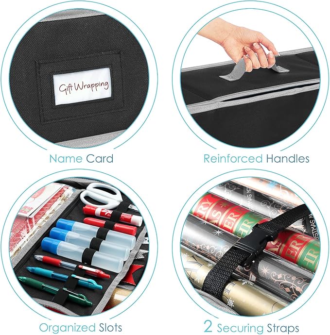Hearth & Harbor Wrapping Paper Storage Container with Ribbon Storage Organizer - Christmas Storage Bag with Extra Interior Pockets - Gift Wrapping Organizer Storage Fits Up to 26 Rolls of 40" Length