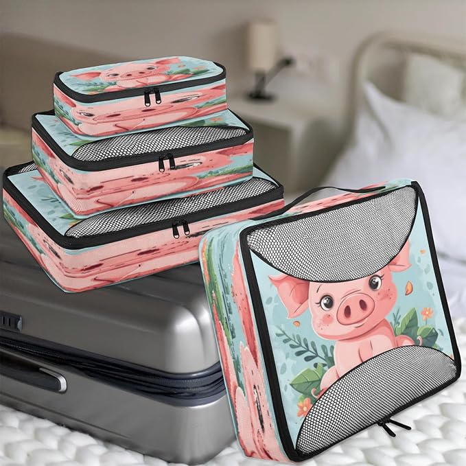4 Set Packing Cubes for Travel, Pig Packing Cubes for Women, Travel Luggage Packing Organizers, Packing Cube Set, Animal Funny Cute Piggy