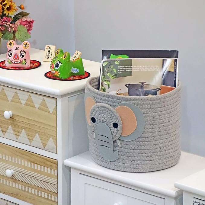 T&T Homewares Small Cotton Rope Baskets with Safari Theme Design for Baby Diaper Organizer, Nursery Storage, Nursery Room Decor, Kids Room Organizer, Cat Dog Toy Storage (Small Elephant)