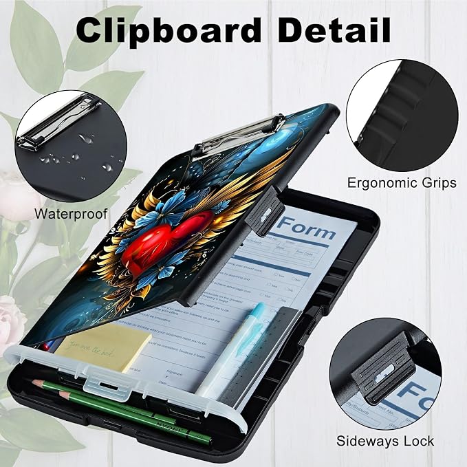 Winged Heart A4 Clipboard with Storage Pen Holder, Clipboards Organizer Nursing Clipboard Foldable File Folder Plastic Clipboard Folio Clip Board for Office Students Classroom Doctor