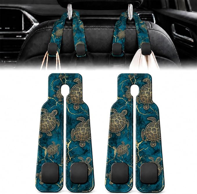 2 Pack Sea Turtle Car Headrest Hooks for Purse Bag Seat Back Hanger | Sea Turtle Car Accessories Metal Hook,Ocean Gifts for Women Men,PU Leather Double Hook for Backseat Organizer