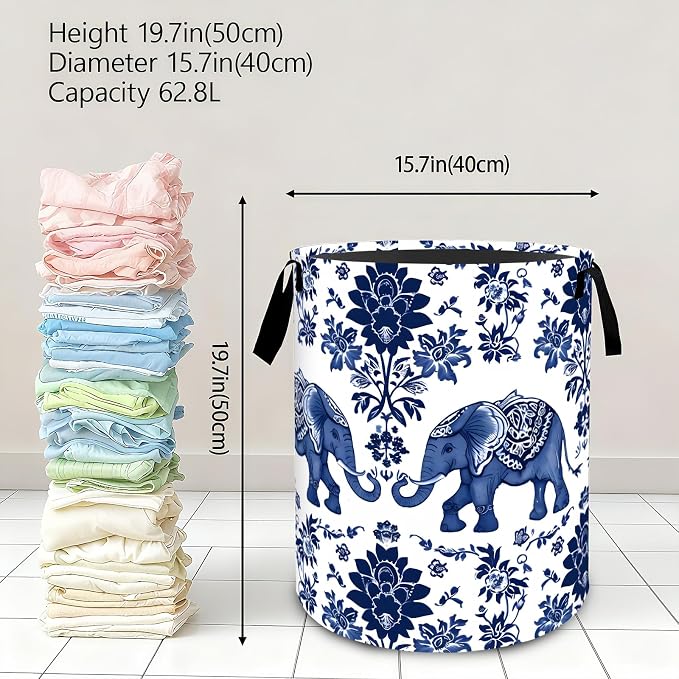 Vintage Elephant Floral Laundry Basket,Dirty Clothes Hamper,Retro Animal Flower Storage Bin Gifts,Foldable Waterproof Oxford Cloth Baskets for Bathroom,Bedroom,Home Decoration(19.7" x 15.7")