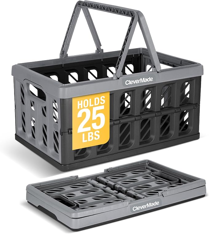 CleverMade Collapsible Shopping Basket, 24L Storage Crate, 1 Pack, Stone | Keep Groceries Upright in the Car | Rigid Walls Carry 25 lb Each, Stack Securely, and Fold to 2.25 Inches for Storage