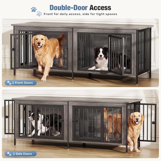 DUMOS 63" Dog Crate Furniture for 2 Dogs with Divider, Gray Wood Grain | Wooden Dog Kennel Furniture, Medium Breed, Center Divider, Double Doors, Heavy Duty Indoor Dog Cage, TV Stand, Side Table