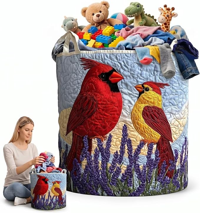 Quilted Laundry Basket with Handles, Boho Fabric Storage Basket, Quilt Style Hamper, Multi-functional Clothes Storage Basket，Lightweight and Foldable Design(14"x 18")