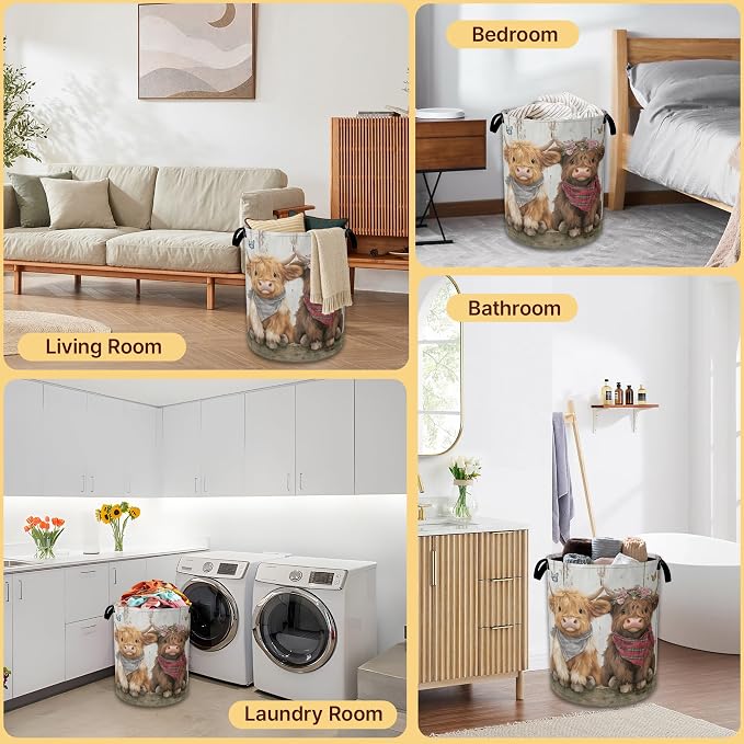 Laundry Hamper Foldable with Handles,Cute Highland Cow Oxford Cloth Laundry Basket,Storage Organizer for Bathroom Bedroom Dorm 16"x20.8"