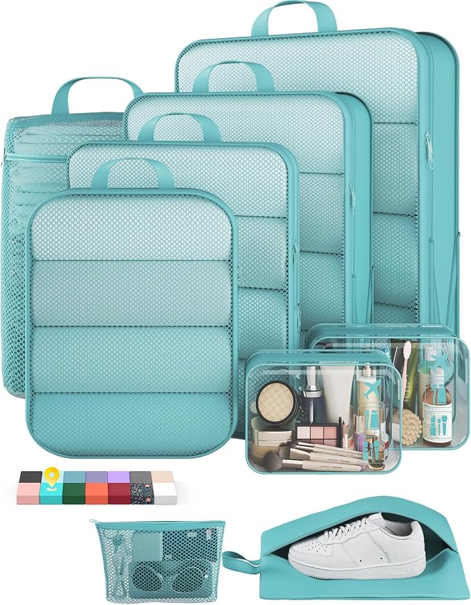 Veken 9/11 Set Compression Packing Cubes Garment Bags for Travel Essentials,Compressible Expandable Luggage Organizer Bags for Clothing,Space Saver Bags with Over 1000 pcs of Mesh Holes(Blue Green)