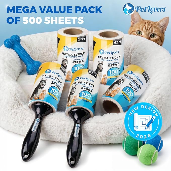 PetLovers Extra Sticky Lint Roller Mega Value Set 500 Sheets for Pet Hair Removal and Clothes, Dog and Cat Lint Remover 5 Pack