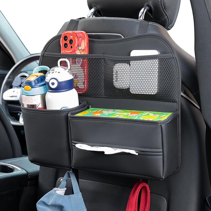 Multifunctional Car Seat Back Organizer with Large Tissue Box Holder, Large Water Bottle Storage, Phone Pouch for Road Trips (Black)