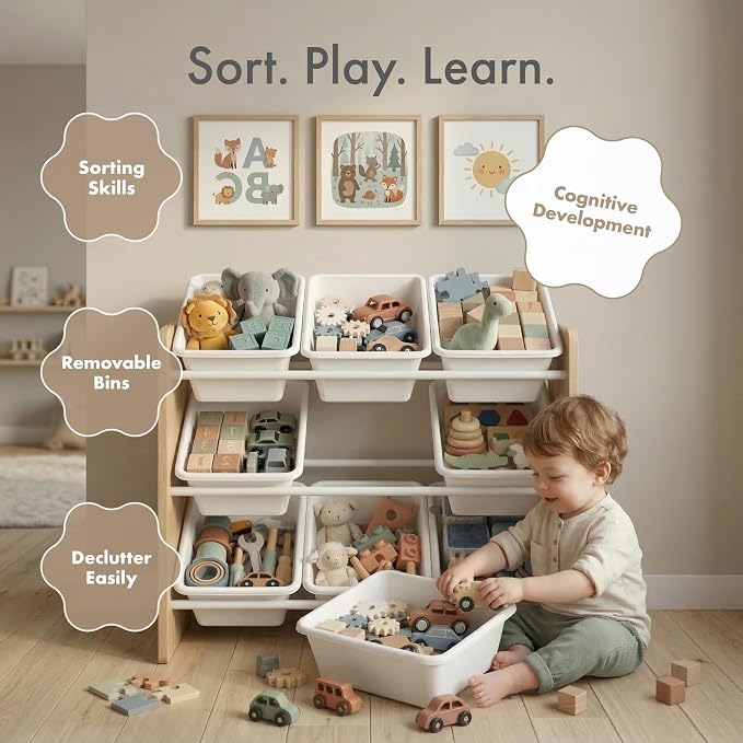 Humble Crew Kids Toy Organizer with 9 Bins, 3 Tier Storage for Playroom | Sturdy wood and steel toddler shelf, removable BPA-free containers, wall anchor anti-tip safety kit for bedroom or classroom