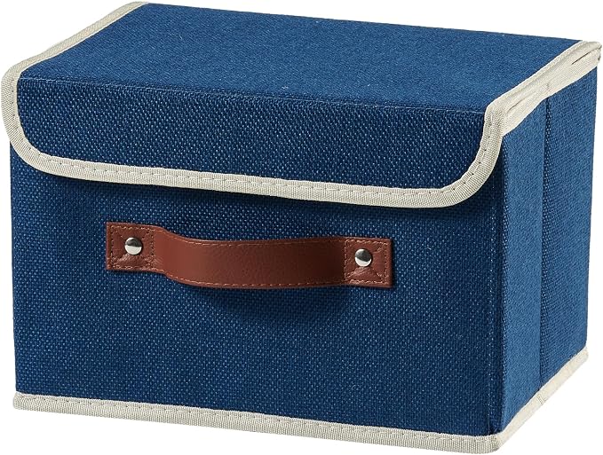 Storage Boxes with Lids Cotton Linen Fabric Bins Baskets | Decorative Collapsible Washable, Clothes Container Organizer for Closet Shelf, w/ Faux Leather Handles, Deep Blue, Small
