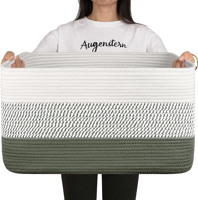 OIAHOMY Blanket Basket Laundry Basket Dog Toy Basket 75L Green/White | Large Storage Basket,Baby Basket,Toy Storage,Woven Rope Basket for Blankets,Blanket Storage for Living Room