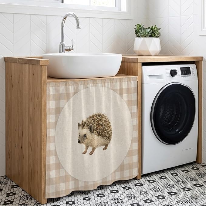 Hedgehog Cabinet Dishwasher Hidden Curtains, Privacy Closet Door Curtain, Vintage Farmhouse Linen Plaid Rustic Animal Adhesive Dust Proof Under Sink Skirt for Bathroom Kitchen 35"x35"