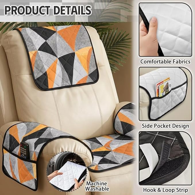 Abstract Geometric Recliner Chair Covers 4 Piece Washable | Modern Quilted Recliner Protectors with Pockets Non Slip Armchair Arm Covers Fit for Leather Seat Home Office,Stain Resistant
