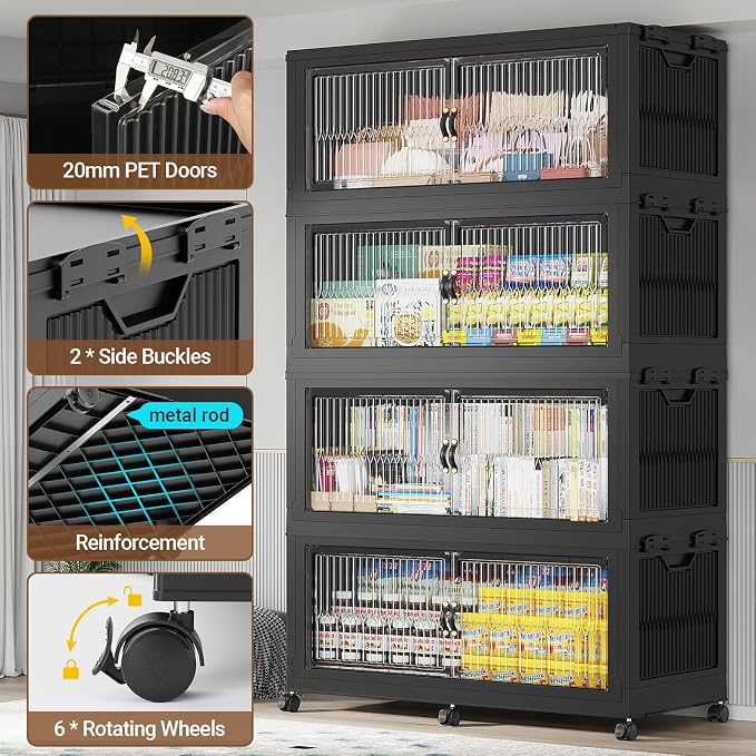 BROVIEW 340QT Extra Large Stackable Storage Bins with Lid, 1Pack Black | 85Gal Plastic Collapsible Cabinets Containers, Wheels & PET Doors, Foldable Closet Organizers Drawers for Office, Dorm