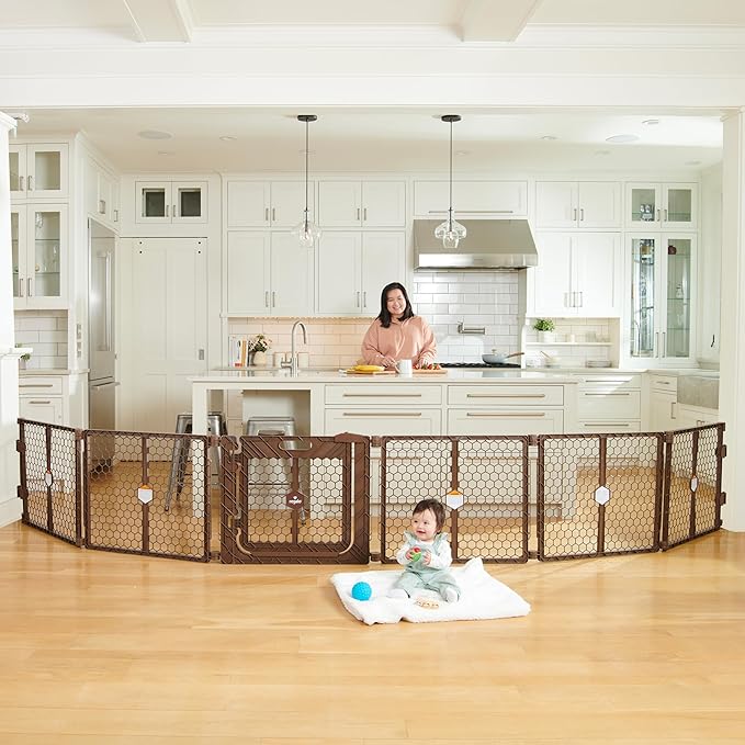Regalo Safety 192" Plastic Super Wide Baby Gate & Play Yard with Door | Adjustable Playpen, For Doorways & Open Spaces, For Babies, Toddlers & Pets, Brown, Tested & Trusted for 30 Years