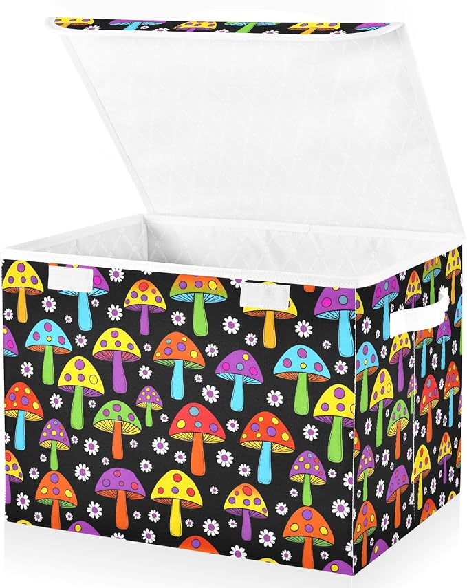 Mushroom Floral Storage Bin Foldable Collapsible Fabric with Lid Handles | Decorative Storage Boxes, 300D Oxford Cloth, Hollow Board Frame, Flip Top Velcro Lid, 16.5x12.6x11.8 inch, Collapsible Design