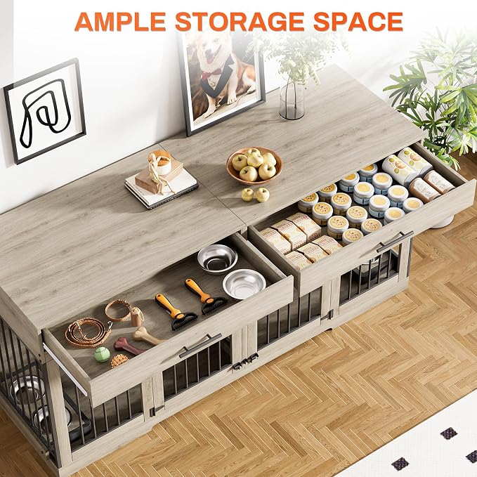 Rophefx 72" Double Dog Crate Furniture with Drawers and Divider, Grey | Wooden dog kennel for 2 medium dogs with 2 drawers, removable divider, 4 bowls and TV stand top