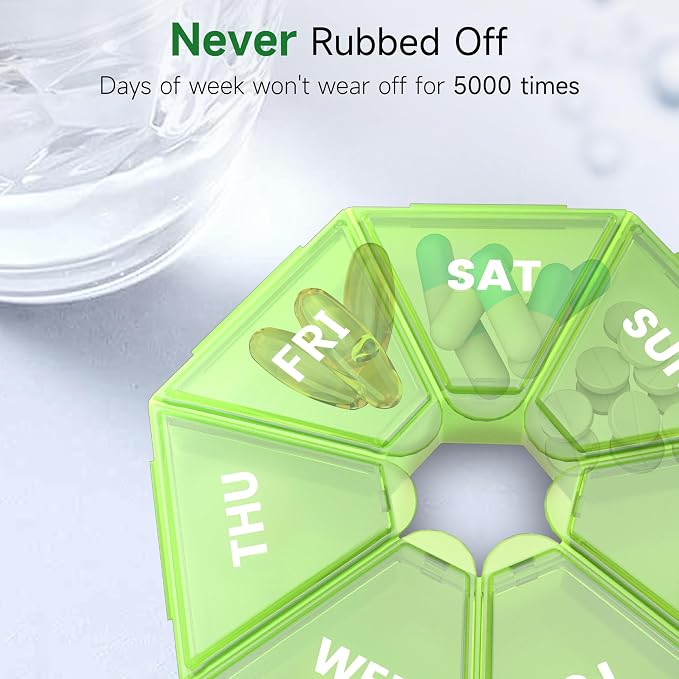 Weekly Pill Organizer, 2 Pack Portable Travel Pill Box, 7 Day Pill Case | Easy Open, BPA-Free, Arthritis Friendly Medicine Pill Container, Medicine Case for Vitamins,Supplements Medications, Green