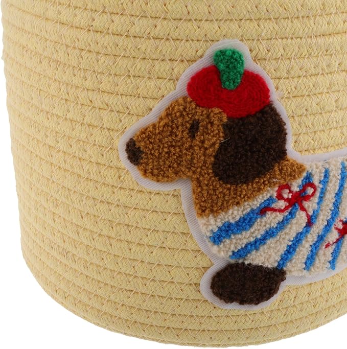 Unomor Cute Puppy Basket Car Storage Bin with Lid, Woven Cotton Rope Organizer for Dog and Pet Supplies, Dustproof Yellow Cover 22x19cm for Vehicle Interior