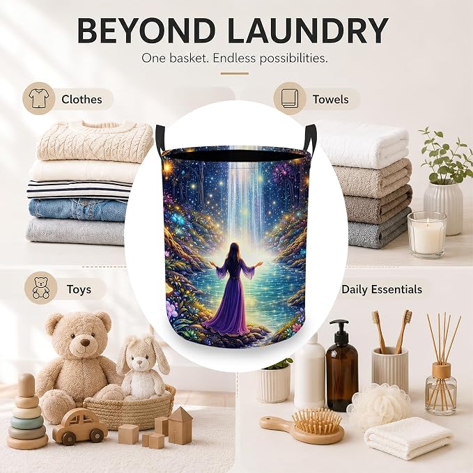 Fantasy Waterfall Laundry Basket, Foldable Oxford Cloth Magic Forest Laundry Hamper with Handles, Tote Bag Clothes Storage Bucket for Laundry Room/Bathroom/Bedroom/Dormitories 20.8"x16"