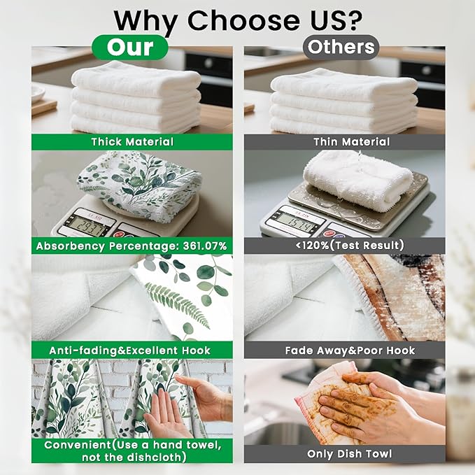 CUTHOLLOW Watercolor Green Leaves Hanging Kitchen Towels with Loop, Set of 2 - Soft & Super Absorbent Microfiber Decorative Hanging Dish & Hand Towel, Tea Coffee Towel for Kitchen Bathroom Oven Handle