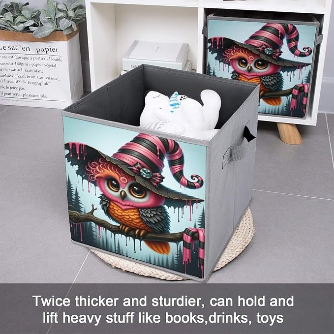 Magical Wizard Owl Foldable Storage Bins, 10.6" Cube Storage Organizer, Sturdy Oxford Cloth Fabric Baskets for Closet, Shelf, Nursery, Bedroom, Decorative Printed Box for Toys & Clothes