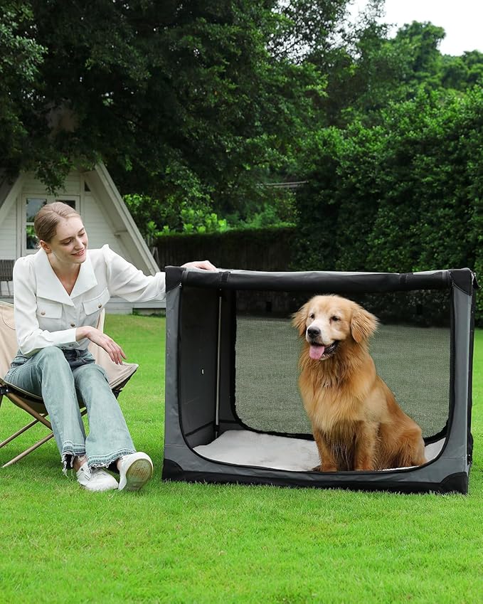 Veraste 42" Soft Collapsible Travel Dog Crate for Large Dogs,Grey | 4-Door Foldable Travel Crate,breathable mesh, foldable with storage bag