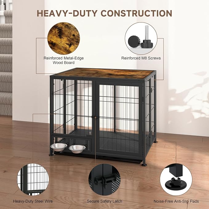 Heavy Duty Dog Crate for Small Dogs, 3 in 1 32.7" Foldable Collapsible Dog Kennel & Playpen with Lockable Wheels & Feeding Bowls, Escape-Proof Metal Dog Cage for Indoor Outdoor Use, Rustic Brown