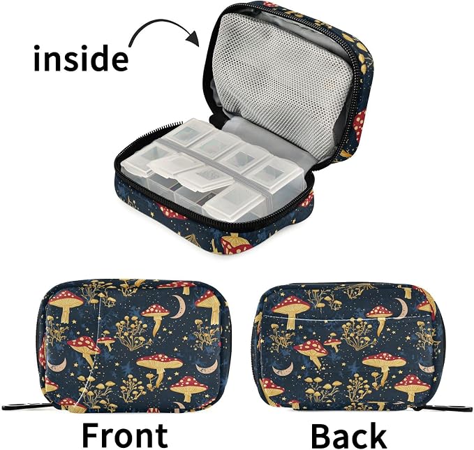 Fustylead Mystical Aesthetic Mushrooms Moon Stars Pill Organizers 2 Times A Day Pill Case Bag with Zipper Portable Weekly Pill Dispensers for Vitamin Supplement
