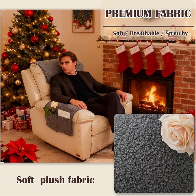 Sherpa Fleece Armrest and Headrest Covers with 2 Pockets | Soft fleece with nonslip silicone backing helps protect leather and fabric furniture from pet scratches machine washable