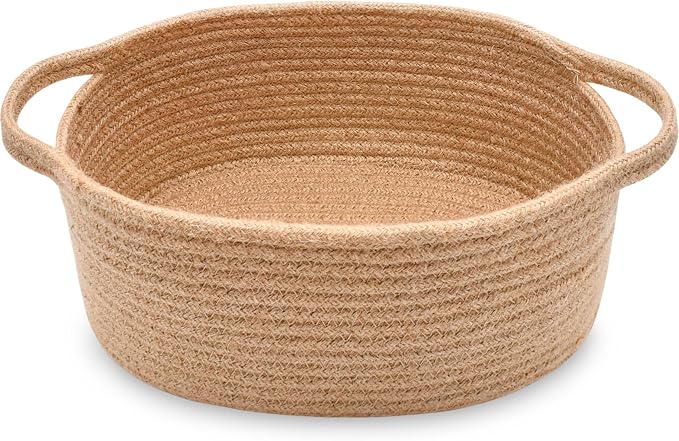 ABenkle Small Basket with Handles, Boho Decorative Rope Woven Dog Cat Toy Storage Bin Shelf Storage Organizer, Easter Christmas Gift Basket, 12"x8"x5"
