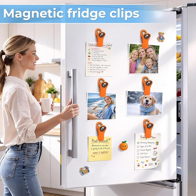 12 Pack Chip Clips, Bag Clips for Food, Magnetic Sealers for Chips and Other Food, Plastic Bag Clip for Kitchen, Fridge, Clothes, Sewing and Artwork (Orange)