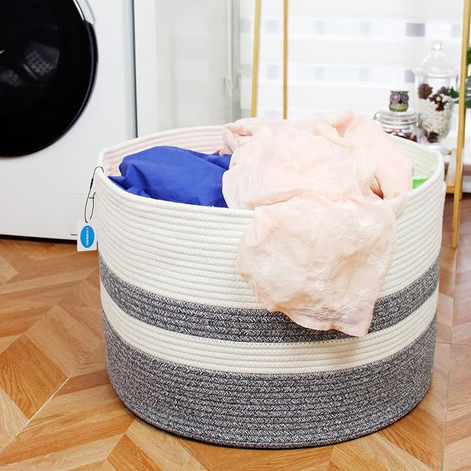 Casaphoria XXXLarge Cotton Rope Basket for Living Room - Woven Storage Basket with Handle for Blankets, Towels and Pillows Laundry Hamper | White and Grey (22" x 22" x 14")