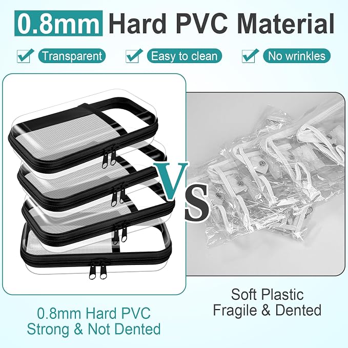 Sanwuta 4 Pcs Clear Hard Shell Zipper Case Plastic Case, Black | Plastic Portable Travel Organizer Bin with Mesh, Pocket Toiletry Pouch, Cosmetics Makeup Bag, Snack Toiletry Bag