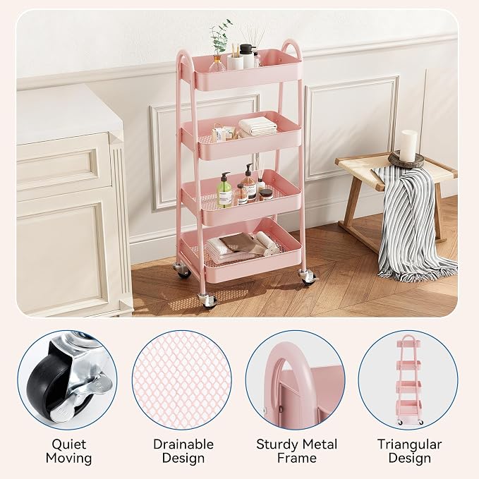 OLIXIS Metal 4 Tiers Rolling Storage Utility Cart with Lockable Wheels | Mobile Organizer Shelf, Space-Saving, Freestanding, Bathroom, Living Room, Slim, Narrow Corner Spaces, Pink
