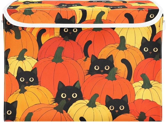 Pumpkin Cat Fabric Storage Bins with Lid Foldable Storage Boxes 40L Baskets | Foldable & Stackable, Flip Top Dust Guard, Reinforced Handles, Home & Bedroom, Clothes & Toys, Oxford Print Basket