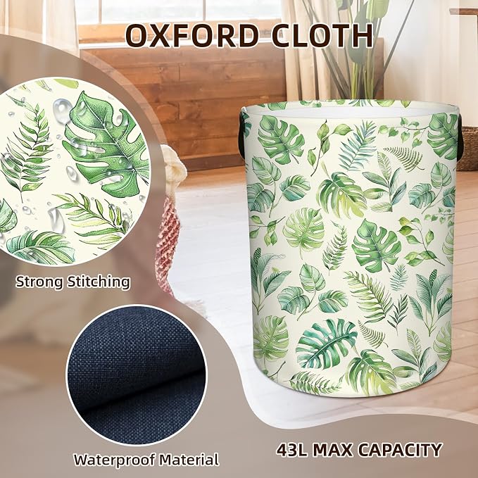 Green Laundry Hamper Boys Baby, Collapsible Nursery Laundry Basket for Bedroom, Round Waterproof Storage Bin with Handles for Toys, Storage Basket for Bathroom, Nursery Room Decor, 13.8x17.7in