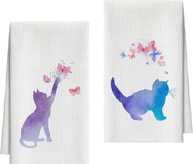 Kitchen Towels Set Of 2, Colorful Cat Dish Towel For Kitchen, Decorative Hand Towels For Bathroom, Fast Drying Tea Towel With Aesthetic Butterfly, Housewarming Gifts For Cat Lover Women Mom -B08