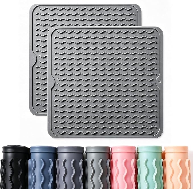2 Pack Caketime Silicone Dish Drying Mat for Kitchen Counter Coffee Bar Accessories Heat Resistant Waterproof Dining Under Sink Organizers Utensil Holder Decor Must Haves 12"x12" Gray
